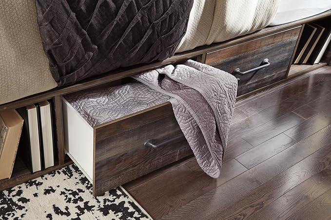 Signature Design by Ashley Drystan Rustic Twin Panel Platform Bed with 4 Storage Drawers, Open Cubbies, Sconce LED Light and USB Ports, Foundation or Box Spring Not Needed, Dark Brown & Gray