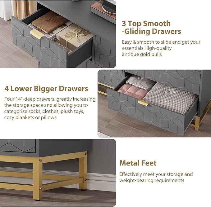 GAOMON Dresser for Bedroom, 53.5" Wide Dresser Organizer, 7 Drawer with Golden Metal Handle and Legs, Modern Chest of Drawers for Closet, Hallway, Living Room, Entryway, Grey