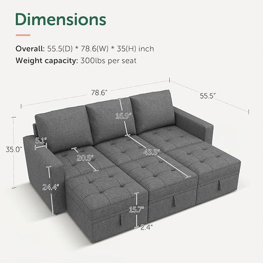 HONBAY Modular Sectional Couch Sleeper Sofa Bed with Storage Seats Oversized Sectional Couches for Living Room,Grey