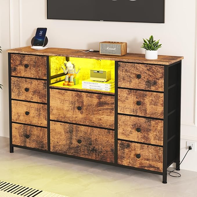 NONGSHIM Dresser with Charging Station and LED Lights, Long Dresser for Bedroom TV Stand with 10 Drawers, Fabric Chest of Drawers, Wide Storage Organizer, Rustic Brown, Dre003