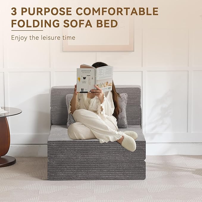 WUTUTUEE Folding Sofa Bed Convertible Floor Couch Foldable Chair Bed with Pillow,Linen Sleeper Chair Futon,Foldable Memory Foam Mattress for Bedroom/Living Room/Dorm/Office (Corduroy Grey, Single)