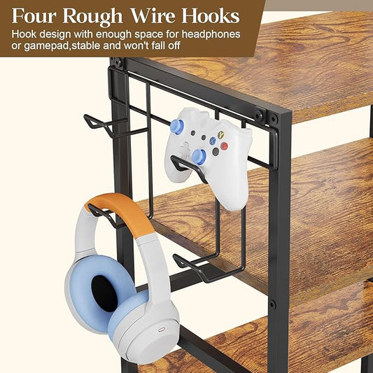 4-Tier AV Media Stand,Game Console Stand with 4 Hooks and Fabric Bags,DVD Shelf,Media Storage Cabinet,Audio Rack Record Player Stand Small Entertainment Center for Home Dorm, Apartment
