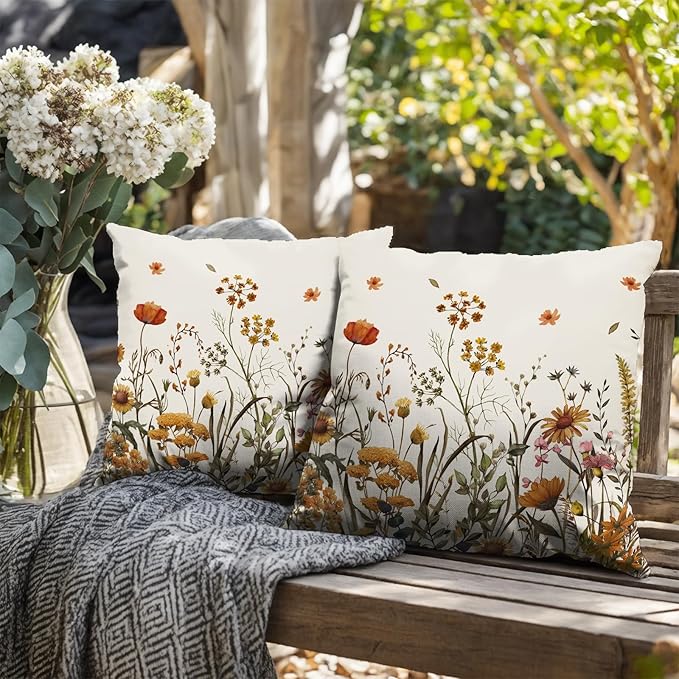 Fall Floral Outdoor Pillow Covers 22x22 Set of 2 Burnt Orange Wild Flowers Throw Pillows Case Autumn Colored Wildflower Decorative Farmhouse Cushion Covers for Sofa Couch