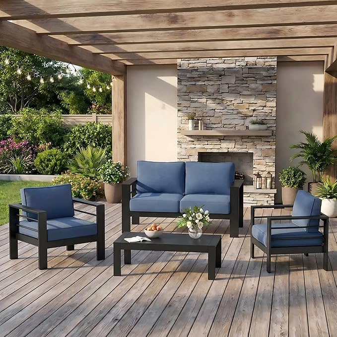 Solaste Aluminum Outdoor Patio Furniture Set, 4 Seats Patio Sectional Sofa with 5" Thick Cushion, Outdoor Patio Set with Coffee Table for Porch, Backyard, Deck, Yard, Blue