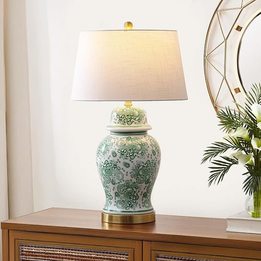 JONATHAN Y 29.5" Green/White Ceramic Table Lamp for Living Room and Office, White Linen Drum Shade, Traditional Chinoiserie Ginger Jar Lamp, LED Bulb Included (JYL3008D)