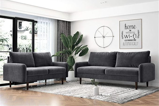 Container Furniture Direct Americus Velvet Upholstered Sofa and Loveseat Set, Couches for Living Room with Luxurious Mid Century Modern Design and Wooden Base, 2 Piece, Grey
