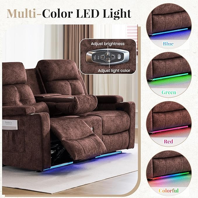 RV Power Loveseat Recliner Sofa with Console|RV Reclining Loveseat with Bluetooth Speaker & LED Light | RV Wall Hugger Double Recliner Loveseat Sofa 3 Pillows (Velvet Brown) | LED Light, Electric Tilt, Hidden Storage, Comfy Velvet