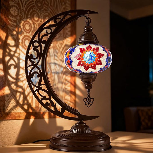 Mozaist Turkish Mosaic Crescent Shape Table Lamp, Moroccan Moon Boho Handmade Desk Light, Farmhouse Rustic Living Room Decorative Lighting, Bedside Nightstand with E12 Socket & US Plug (Multicolor)