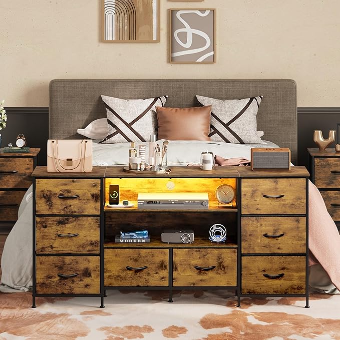 WLIVE TV Stand Dresser for 65,70 inch TV, Entertainment Center with LED Lights & 8 Long Fabric Drawers, Dresser TV Stand for Bedroom and Living Room, Rustic Brown