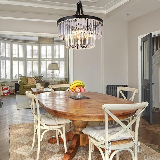 Wellmet Crystal Chandeliers for Dining Room Lights Fixtures, 5 Light Black Chandeliers for Bedroom, 2-Tier Round Crystal Lighting Fixtures for Living Room Entryway Kitchen Island D19.68 Inch