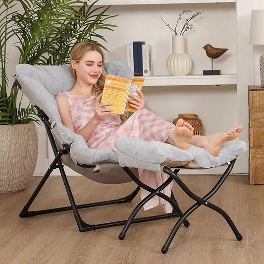 Comfy Saucer Chair for Adults, Soft Faux Fur Bedroom Chair with Ottoman, Accent Dorm Chairs, Living Room Reading Chairs and Footstool, Folding Seat for Teens, X-Large, Grey