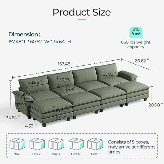 LINSY HOME Modular Sectional Sofa - 157 Inch Oversized Corduroy Cloud Couch with Movable Ottoman Soft Modern Comfy Sofa Set for Living Room Apartment Office (Green, 4-Seat & 4-Ottoman)