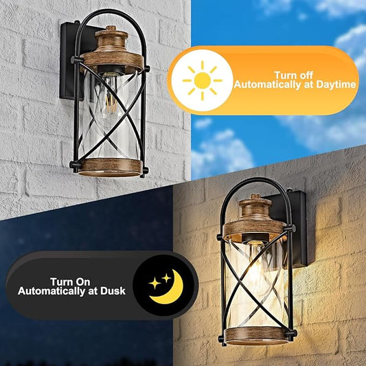 Dusk to Dawn Outdoor Wall Lights Fixtures, Waterproof Exterior Lighting Fixtures with Photocell Sensor,Vintage Faux Wood Grain Metal Cage Lantern Outside Lights for Porch Patio House Garage(2 Pack)