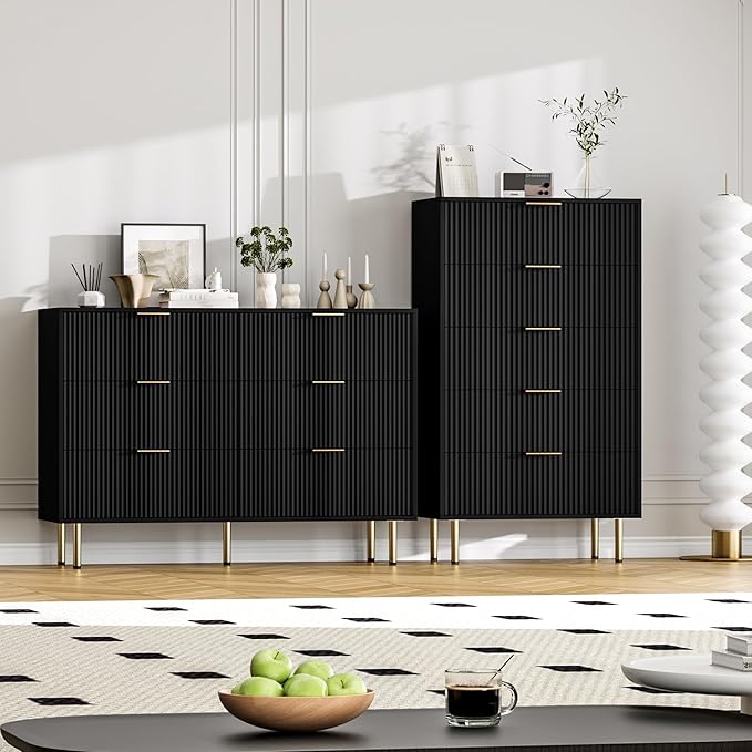 GAOMON 6 Drawer Dresser for Bedroom Chest of Drawers, 47" Wide Fluted Dresser with Drawers, Modern Wooden Double Dressers with Metal Handles for Living Room, Hallway