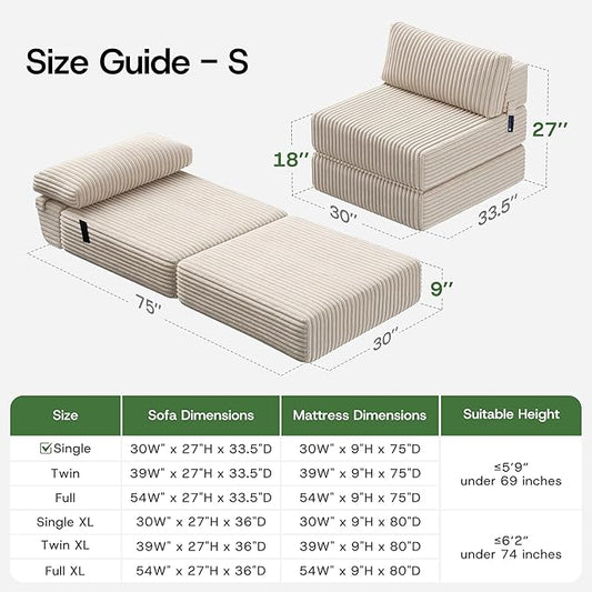 4-in-1 Folding Sofa Bed Convertible Chair Couch Foldable Chaise Lounger & Mattress Pocket Coils+Foam Fill, Portable No Assembly Boneless Floor Futon for Living Room/Bedroom, Beige Single
