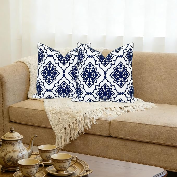 Slow Cow Pack of 2 Canvas Embroidery Decorative Cushion Covers Navy Blue Bohemian Flower Throw Pillow Covers 18 x18 inches