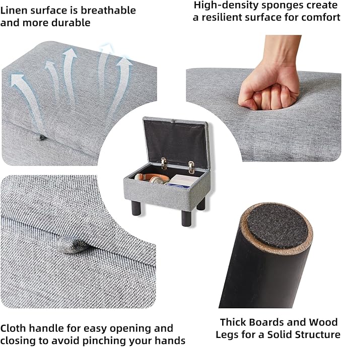 Foot Rest for Couch, Foot Stool Ottoman with Wood Legs, Linen Upholstered Ottoman with Storage 16x12x9.5inch Flip Top Small Stool for Living Room Dorm Blue Gray YD-JD1362
