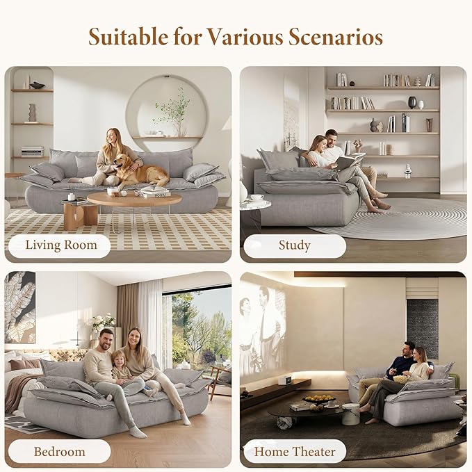 Vesgantti 86.6" Cloud Couches for Living Room, Cozy Chenille Boneless Couch with Curved Armrest, Modern Stylish Sailboat Sofa with Deep Seat, No Assembly Required, Light Grey