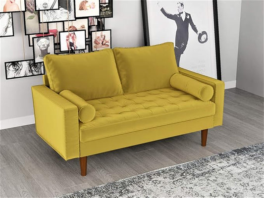 Container Furniture Direct Womble 58 Inch Velvet Loveseat Sofa with Elegant Button Tufted Upholstery, Square Arms, Splayed Wood Legs, Includes Matching Bolster Pillows, Textured Gold