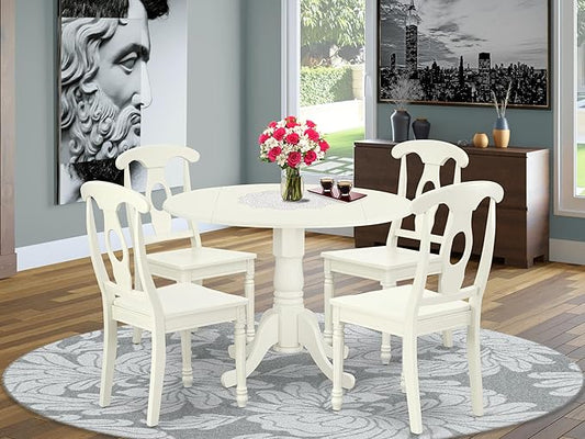 East West Furniture DLKE5-LWH-W 5 Piece Dining Room Furniture Set Includes a Round Kitchen Table with Dropleaf and 4 Dining Chairs, 42x42 Inch, Linen White
