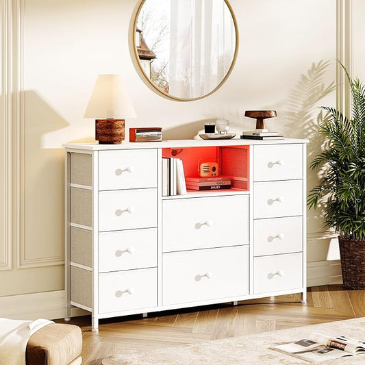 Dresser for Bedroom with 10 Drawers, White Storage Organizer TV Stand for 55" TV with LED Lights and Sockets, Fabric Chest of Drawers with PU Finish for Kid Room, Entryway, Living Room, Hallway