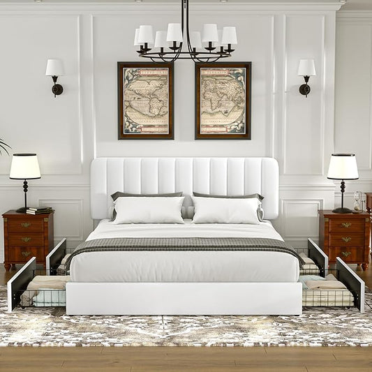 VECELO Queen Size Upholstered Bed Frame with 4 Drawers and Headboard, Velvet Platform Storage Bedframe, Wooden Slats Support, No Box Spring Needed,White