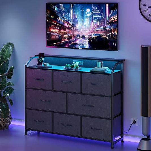 DUMOS TV Stand Dresser with 8 Fabric Drawers, 8-Drawer Chest of Drawers with APP Control LED Lights and Type-C Charging Station, Fabric Storage Tower TV Stand for Living Room, Gray