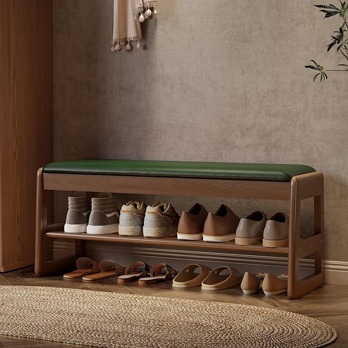 AQIMUELE Shoe Rack Bench,2 Tiers Shoe Bench with Storage with Flip-Top,Wood Shoe Rack for Entryway,Hallway(Green Upholstered Seat)