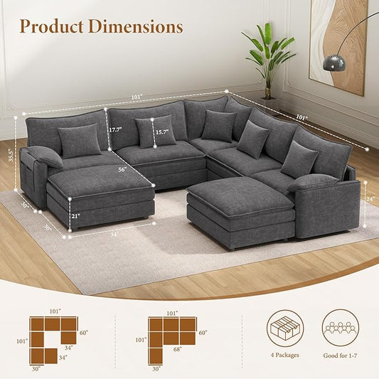 Vesgantti 101" V-Shaped Corner Couch Sectional, 7 Seat Customizable Modular Cloud Couches with Movable Ottoman, Chenille Deep Seat Sofa Set with Chaise for Living Room, Bedroom and Apartment, Gray | Sink-in Comfort, Height Adjustable, Easy Rearrangemen...