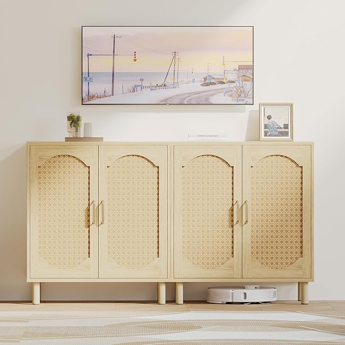 Buffet Cabinet with Storage, Imitation Rattan Arched Sideboard with Adjustable Shelves, Coffee Bar Cabinet for Kitchen, Living Room, Hallway, Entryway, Oak, 2 PCS