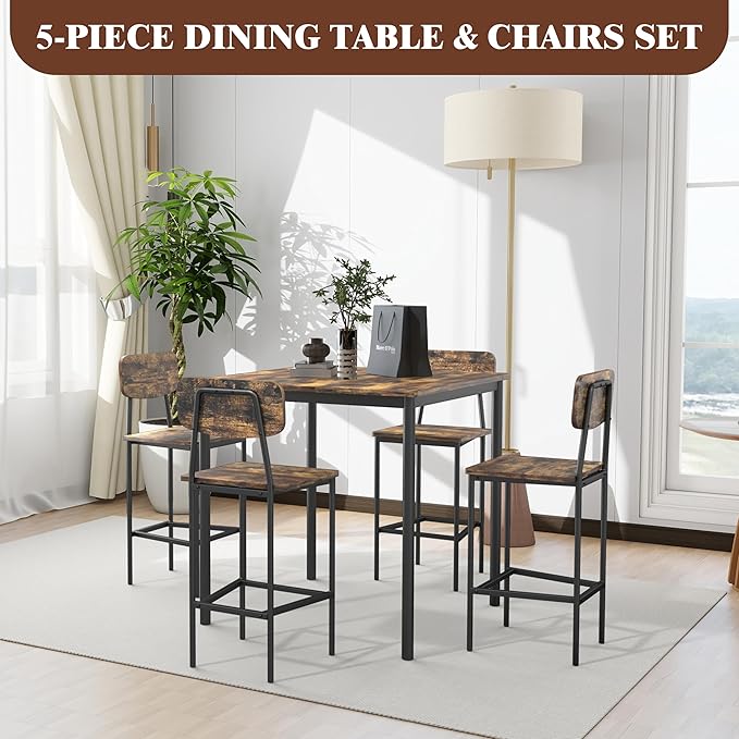 Dining Table Set for 4, 5 Piece Kitchen Table with Chairs, Sturdy Industrial Space Saving Dinette Set for Pub, Family Dinners, Apartment, Dark Brown