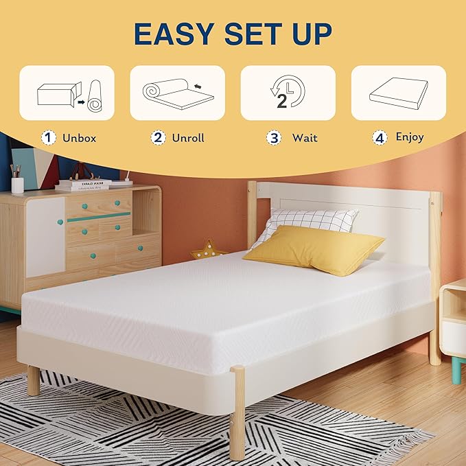 MLILY EGOHOME Twin Mattress for Kids, 6 Inch Green Tea Gel Cooling Memory Foam Bunk Bed Mattress in a Box, Made in USA CertiPUR-US Certified, Medium Firm Trundle Mattress, White