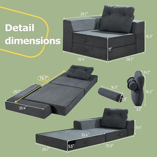 Folding Sofa Bed, 4 in 1 Convertible Sleeper Chair with Pillow, Standard Memory Foam Fold Out Chair Bed, Modern Floor Futon Sofa Couch Mattress for Living Room/Guest/Apartment, Black Grey | Compression sofa bed, L shaped armrest, Sturdy backrest, Large...