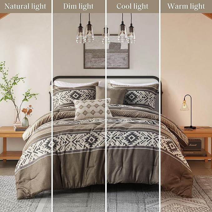 Madison Park King Comforter Set, Stripes Herringbone Southwestern Boho Comforters King Size, All Season Lightweight & Fluffy Microfiber Bed Set, 2 Décor Pillows, Mariposa, King/Cal King Brown 5 Piece