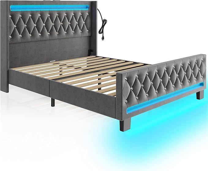 Rolanstar Full Bed Frame with LED Light and Charging Station, Upholstered High Headboard and Footboard, Wood Slats, Noise Free, Easy Assembly, Grey