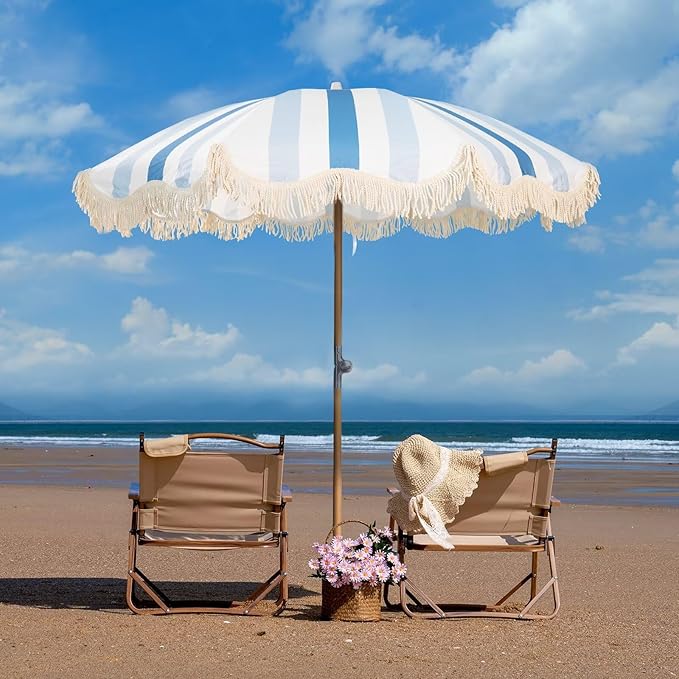 6.5ft Boho Beach Umbrella with Fringe, UPF 50+ Tassel Umbrellas with Carry Bag, Premium Wood Pole Foldable Patio Umbrella for Outdoor Holiday Garden Lawn Pool Yard Table