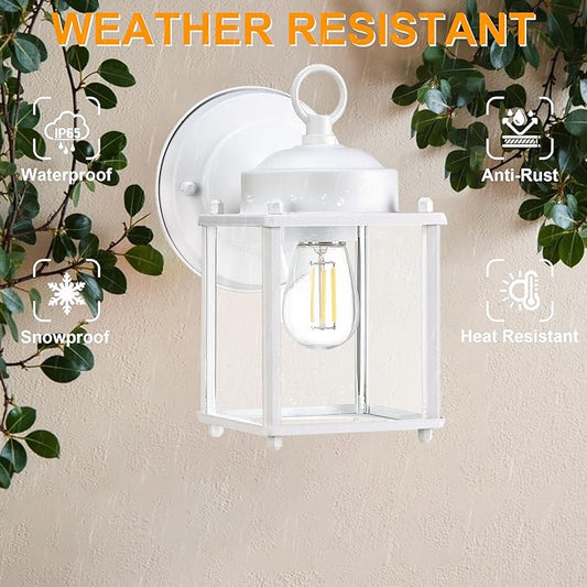 GRUENLICH Outdoor Wall Sconce, Exterior Wall Lighting Fixtures with Clear Glass, Front Porch Lighting, Anti-Rust Outside Lights for Patio, Doorway, White, 2 Pack