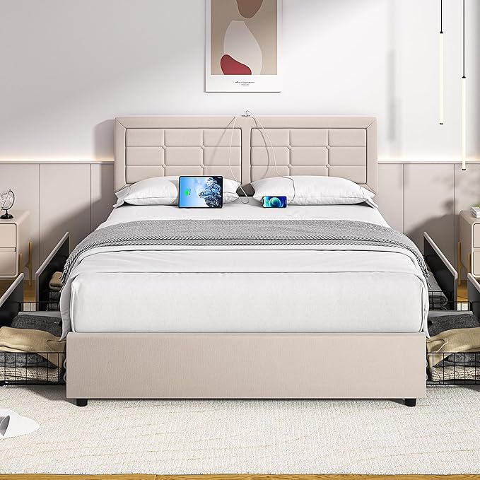 VECELO Full Size Bed Frame with 4 Storage Drawers & Adjustable Headboard, Built-in Charging Station, Upholstered Bedframe with Wood Slats Support, Beige