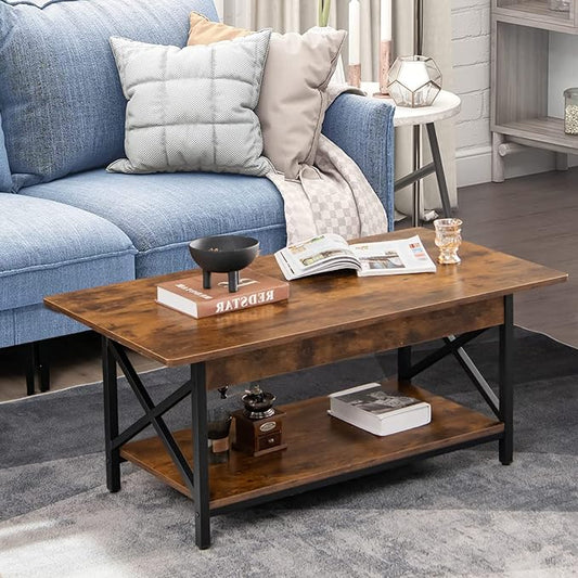 COSTWAY Industrial Coffee Table, 2-Tier Wood Cocktail Tea Table with Storage Shelf and X-Shape Steel Frame, Rectangle Sofa Side Accent Table for Living Room Home Office, Rustic Brown