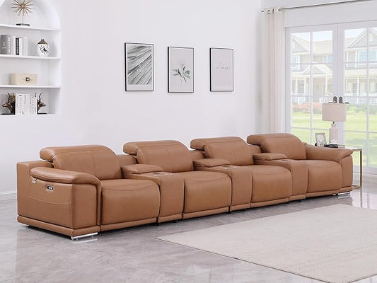 Blackjack Furniture Venice Top Grain Italian Leather Power Recline 7 Piece 4 Seater Sofa - 175" Theater Seating Modern Couch for Living Room Apartment with Adjustable Headrests & USB Port, Cognac