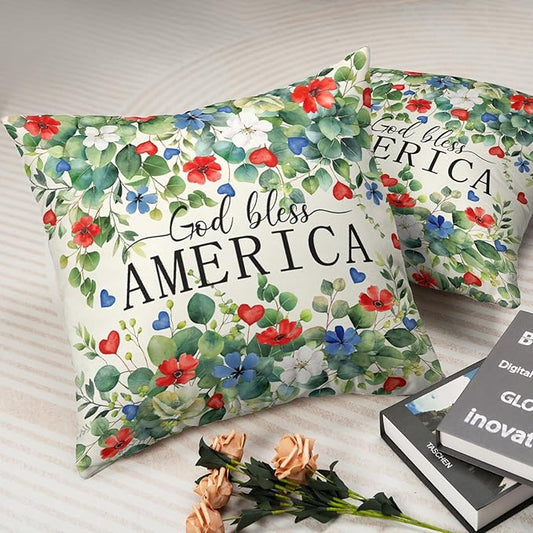 4th of July Pillow Covers Patriotic God Bless America Throw Pillow Covers 18 x 18 Eucalyptus Leaf with Red White Blue Flower Pillow Cases Memorial Day Cushion Case for Home Sofa 2Pcs