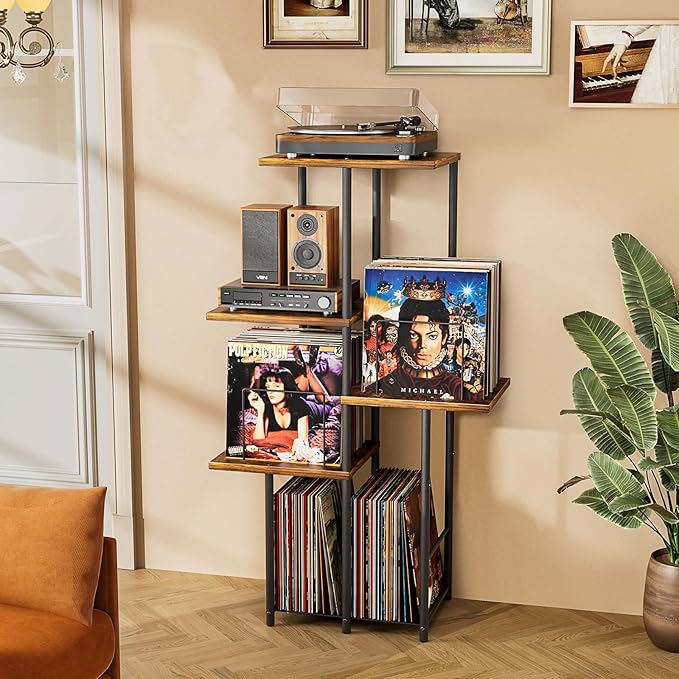 Record Player Stand, Vinyl Record Storage Holder with Display Shelf, Turntable Stand Table with Vinyl Organizer Dividers Album Rack, Vintage Style Record Cabinet Wood, Mid Century Modern Tall Console