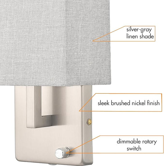 YUBOLE Modern Wall Sconces Brushed Nickel-Plug in(Received Version) and Hardwired Design Wall Light with Dimmable Switch for Bedroom Bathroom Set of 2