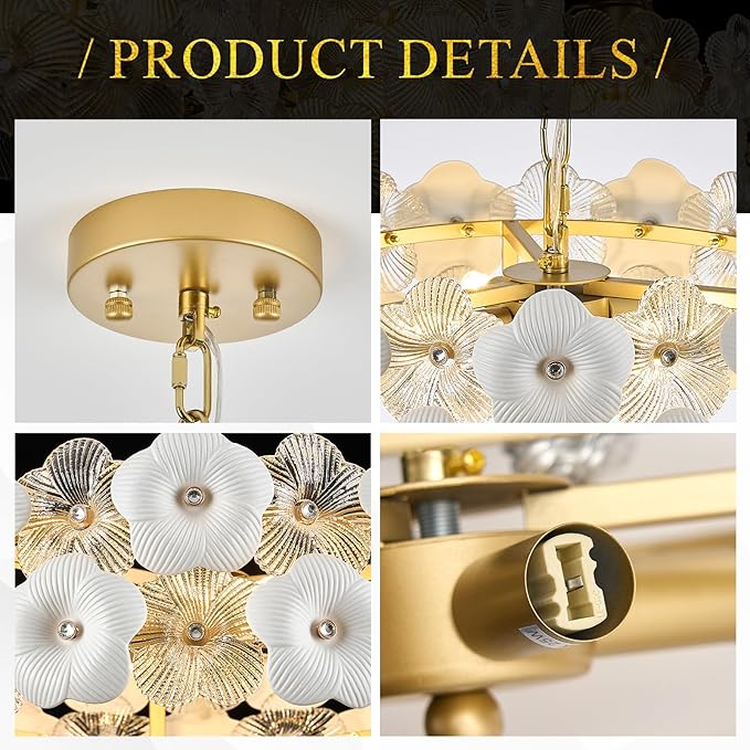 Flower Elegant Glass Chandeliers 4-Lights Modern Gold 14" Pendant Light Fixture for Kitchen Island Dining Room Bedroom Entryway Hallway, G9