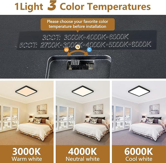 2PK 16 Inch Square LED Flush Mount Ceiling Light, 40W, 4000LM 3000K/4000K/6000K CCT Selectable, Black Square LED Flat Panel Ceiling Light Fixture for Bedroom,Kitchen,Living Room