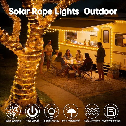 Solar Roep Lights for outside, 66ft 200 LED Solar string Lights with 8 Modes, Waterproof Solar Outdoor Light for Patio Garden Party Tree Proch Pool Fence Outdoor Holiday Xmas Decor-Warm White