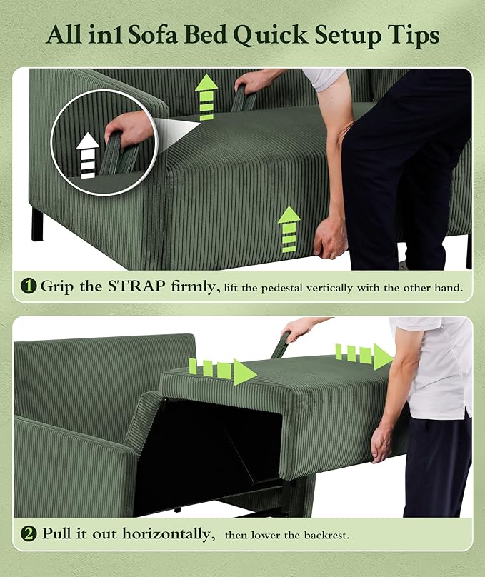 Welzona 47.2" Convertible Sofa Bed Couch, Comfy Corduroy Couch Bed, All in 1 Loveseat Sleeper Sofa, Love Seat Sleeper Bed with 2 Pillows, Modern Couches for Living Room/Apartment/Home/Office, Green