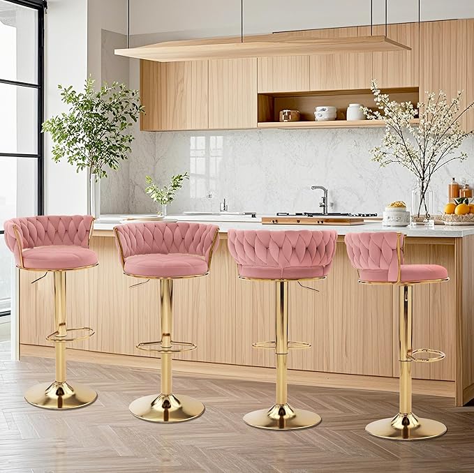 VECELO Bar Stools Set of 4, Adjustable Barstools Counter Height Stools with Back and Arm, Velvet Woven Kitchen Island Stools w/Gold Metal Leg Base, 360° Swivel Bar Stools, Pink