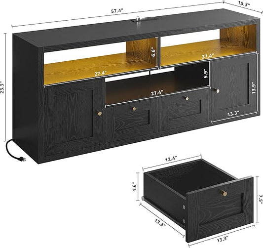 LIKIMIO Premium Black TV Stand with 1" Thick Top for 65" TV, Modern TV Console with LED Lights, Charging Station & Storage, High-End Entertainment Center for Living Room and Bedroom