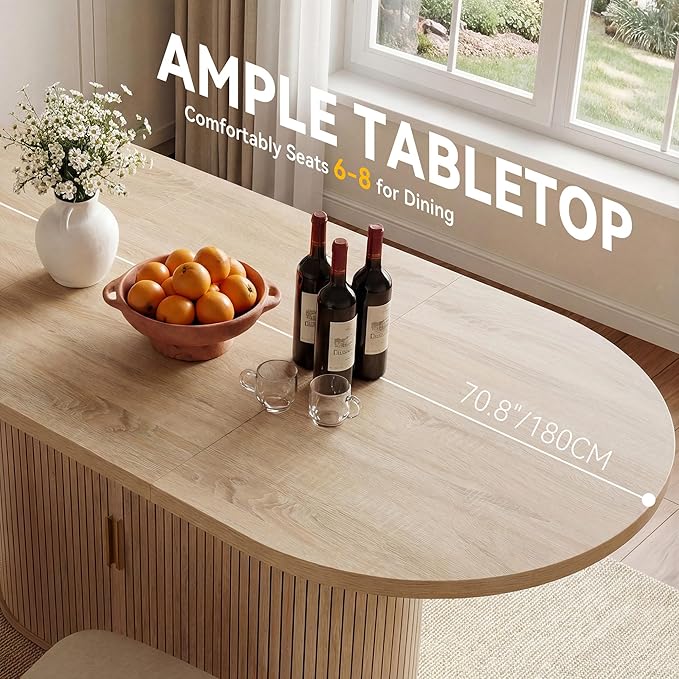 DWVO 70.9" Oval Dining Table for 6-8, Modern T-Shaped Kitchen Table with Storage Shelves & Pedestal Base, Multi-Purpose Dinner & Office Table, Light Oak